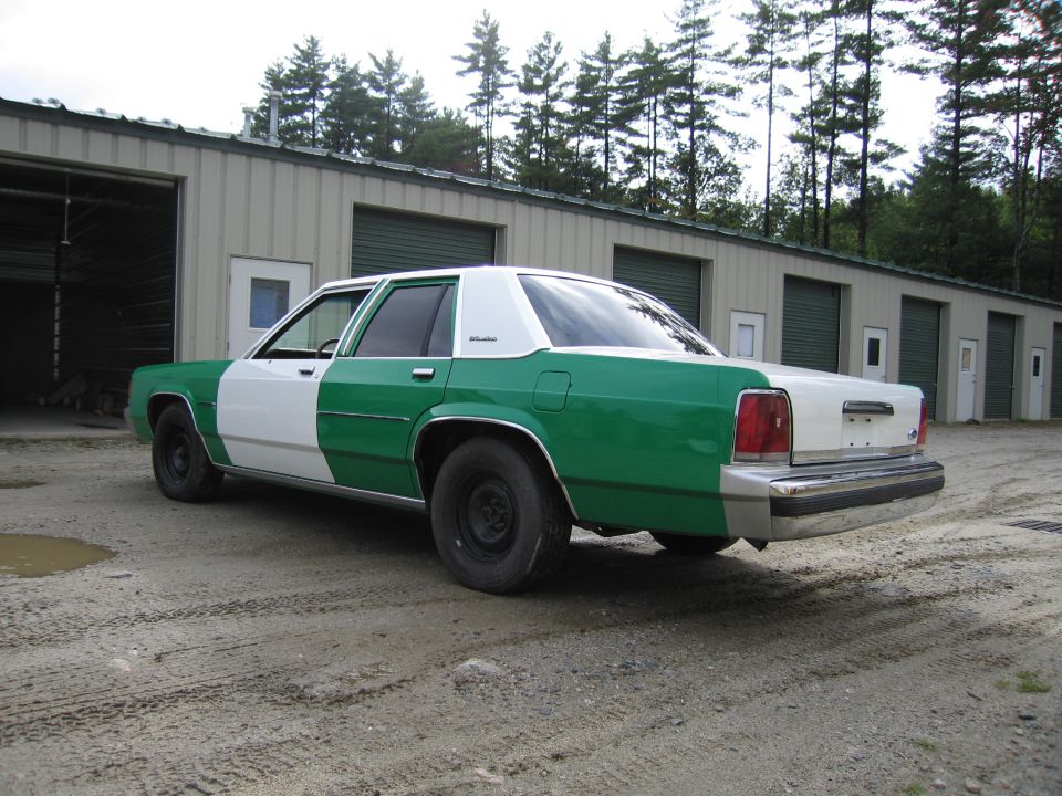 Rear three-quarter driver view of green and white Ford sedan by storage garages
