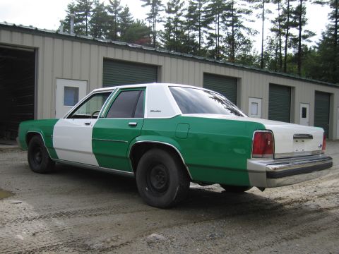 1991 Ford LTD Crown Victoria - Rear three-quarter driver-side view of a green-and-white two-tone full-size Ford sedan parked beside a metal storage building.