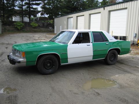 1991 Ford LTD Crown Victoria - Front three-quarter driver-side view of a green-and-white full-size Ford sedan parked on gravel near a metal building and puddle.