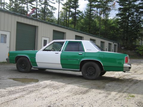 1991 Ford LTD Crown Victoria - two-tone green-and-white four-door sedan with steel wheels shown in profile on gravel beside a metal building.