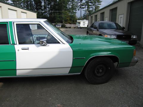 1991 Ford LTD Crown Victoria - side of a green-and-white sedan with a chrome side mirror, with a darker sedan parked in the background.