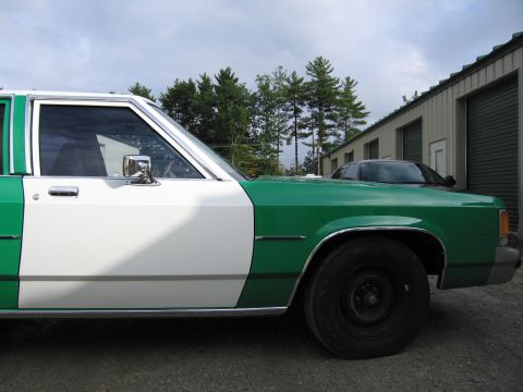 1991 Ford LTD Crown Victoria - front door and fender of a green-and-white sedan with a chrome side mirror, parked beside a metal building.