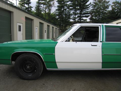 1991 Ford LTD Crown Victoria - side profile of a two-tone green-and-white four-door sedan parked in front of a row of green storage-unit doors.