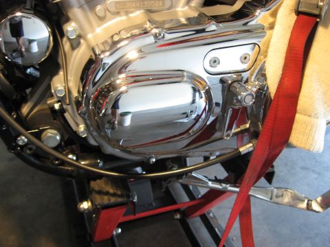 2004 Harley-Davidson Sportster Custom - Close-up of a motorcycle's chrome engine components with a red strap visible.