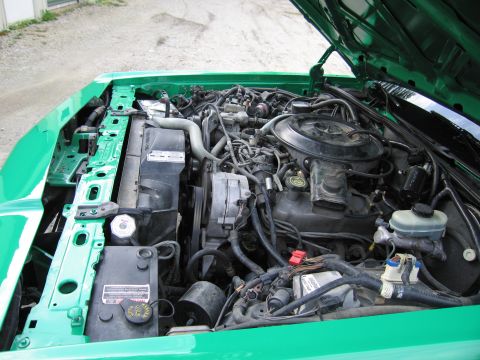 1991 Ford LTD Crown Victoria - Driver-side view into a green car's engine bay showing the air cleaner, accessory belts and brake master cylinder.