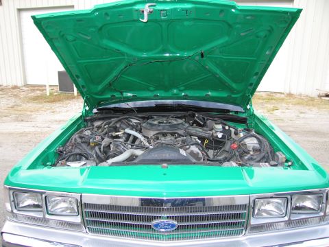 1991 Ford LTD Crown Victoria - green Ford sedan photographed head-on with the hood raised, exposing the engine above a chrome grille with the Ford oval.