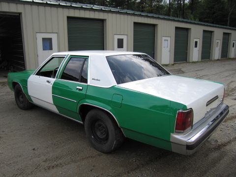 1991 Ford LTD Crown Victoria - Green and white sedan viewed from the rear driver side, parked on gravel before a row of self-storage garage doors.