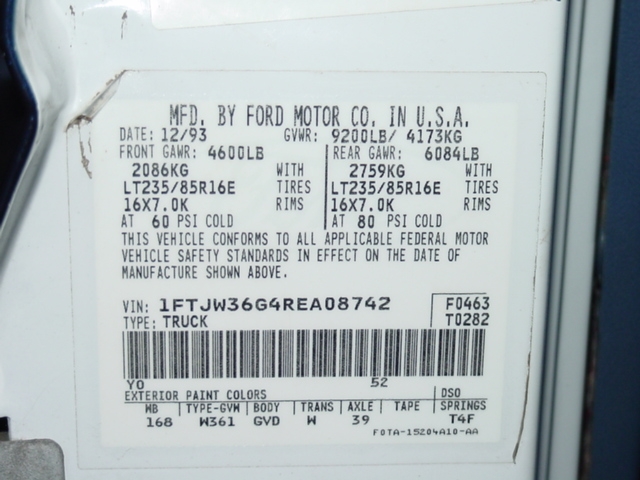 Ford door VIN certification label, dated 12/93, VIN 1FTJW36G4REA08742, TYPE TRUCK.