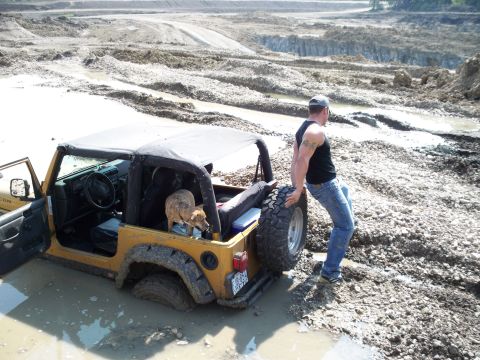 1996 Ford Bronco - A man and his dog are stuck in a muddy construction site with a yellow Jeep Wrangler.