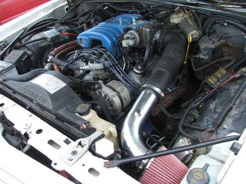1985 Ford Crown Victoria LTD - The engine bay shows a modified intake system with a prominent blue intake manifold and a red cone air filter.