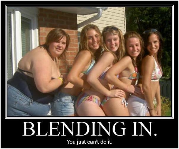 Five young women in bikinis and denim shorts pose for a photo with a brick building in the background