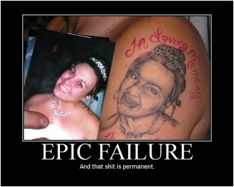 1971 Ford Ranchero - A tattoo of a woman's face and a wedding photo are shown, with the text 'EPIC FAILURE' below.