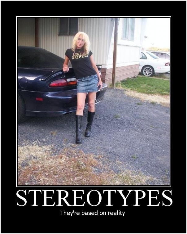 Woman in denim skirt and boots leans on a dark blue car. Another white car is parked nearby. Text at bottom says "STEREOTYPES"