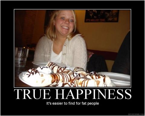 1971 Ford Ranchero - A woman reacts with exaggerated joy to a large serving of dessert, accompanied by a humorous caption about happiness.
