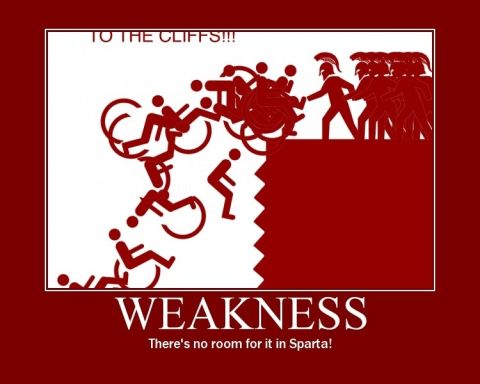 1973 Ford Ranchero - A poster depicts figures being thrown off a cliff with the text 'WEAKNESS: There's no room for it in Sparta!'.