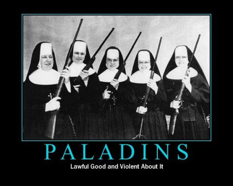 1973 Ford Ranchero - A humorous poster depicts five nuns armed with rifles, captioned 'PALADINS' and 'Lawful Good and Violent About It'.