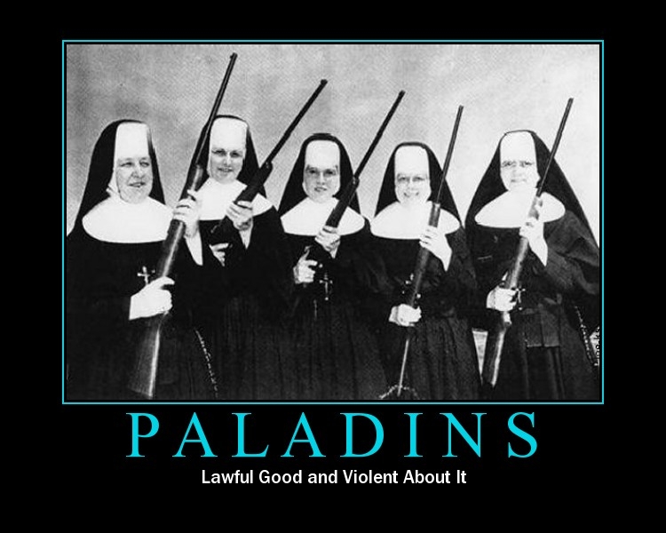 Black and white photo of five nuns in traditional habits holding rifles, with the word PALADINS and a tagline below