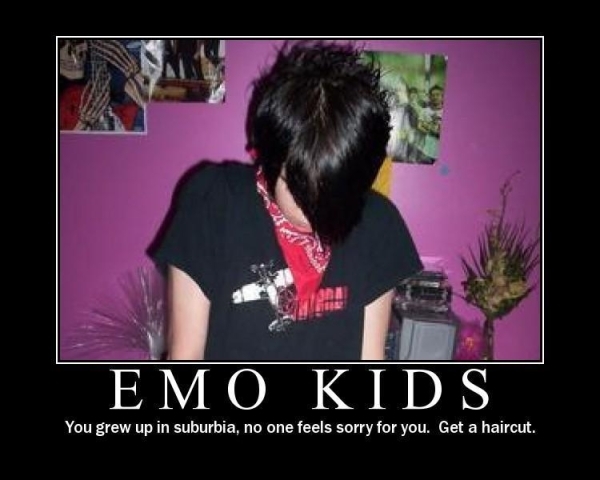 Demotivational poster with text 'EMO KIDS' and a caption about suburban upbringing and haircuts