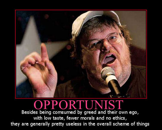 Poster with Michael Moore speaking into a microphone, a white star behind him
