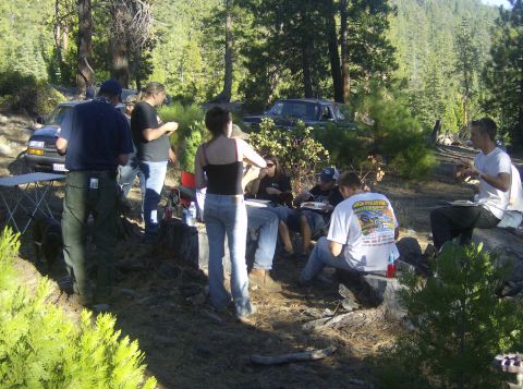 1986 Ford Bronco - A group of people are having a picnic in a forest clearing with several vehicles nearby.