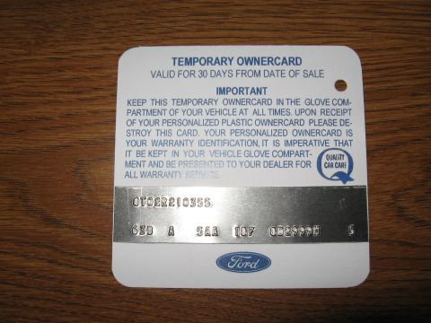 1968 Shelby GT500 - A temporary ownercard with important instructions and a Ford logo is shown on a wooden surface.