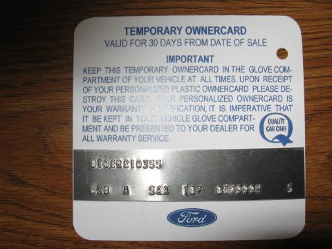 1968 Shelby GT500 - A temporary ownercard for a Ford vehicle, important instructions and a VIN plate.