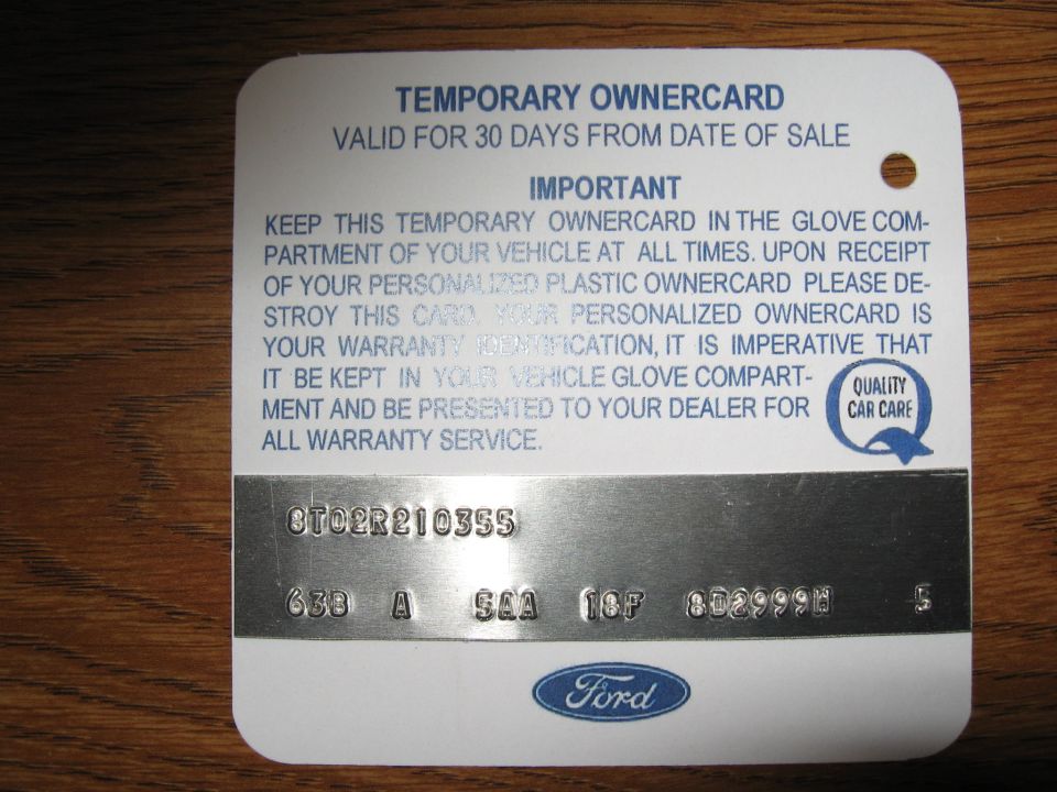Temporary ownercard with VIN and Ford logo