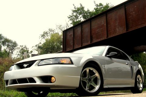 1998 Ford Taurus - This silver 1999 Ford Mustang coupe is parked under a weathered, rusty bridge.