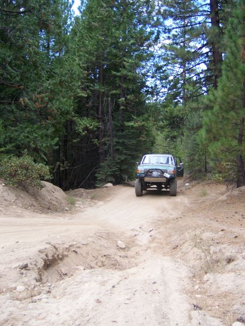 1991 Ford Bronco - A light blue SUV navigates a dusty, rutted dirt road through a dense forest.