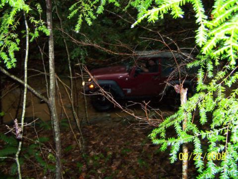 1992 Jeep Cherokee - Red Jeep Wrangler navigating a wooded trail, with a date stamp indicating it was taken in 2008.