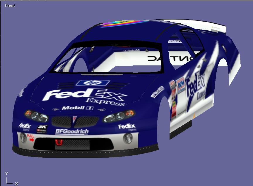 3D render of a blue race car with FedEx Express livery, showing front and side views