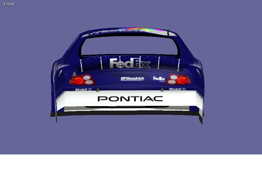 Blue Pontiac race car with FedEx livery, rear view