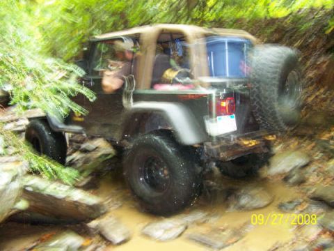 1992 Jeep Cherokee - A Jeep Wrangler navigates a rocky, wet trail surrounded by dense foliage.