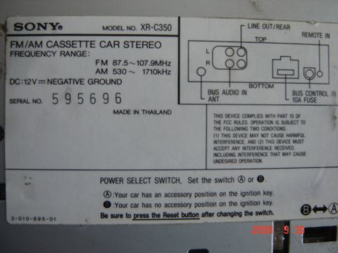 1993 Ford Bronco - Label details for a Sony XR-C350 car stereo, including frequency range and connection diagrams.