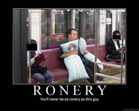 1973 Ford Ranchero - A man holds an anime body pillow while riding a train, with text below reading "RONERY" and "You'll never be as ronery as this guy."
