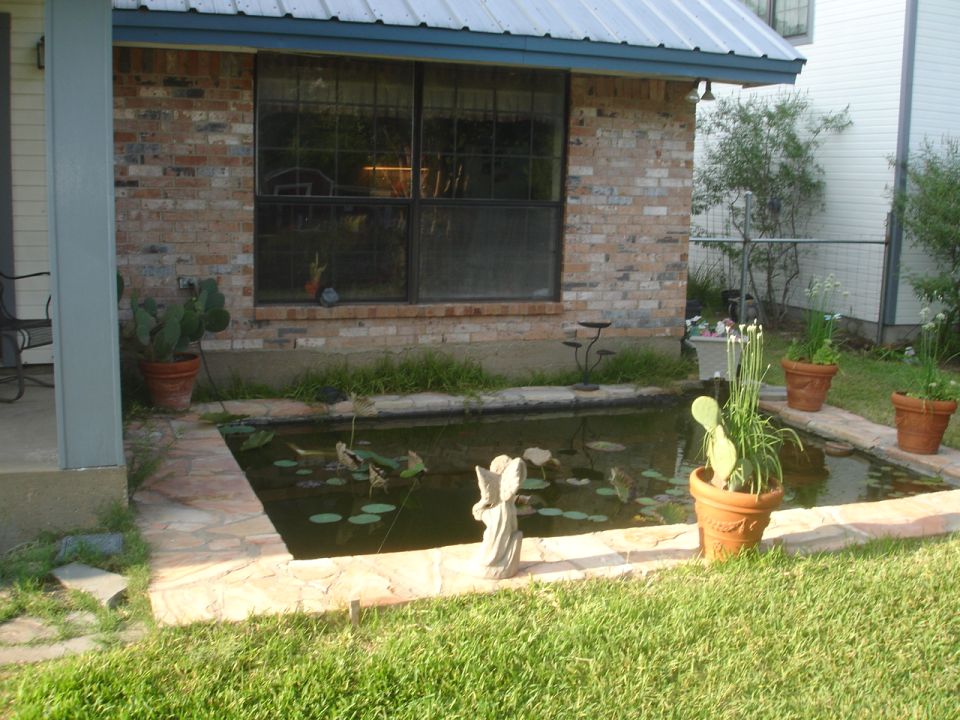 Pond with lily pads and a small angel statue, surrounded by potted plants and brick house