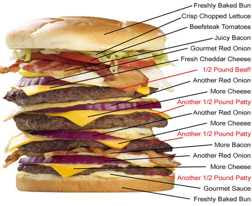 Tall hamburger with labels for beef, cheese, bacon, and other ingredients