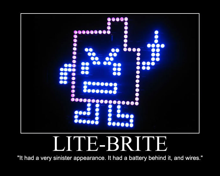 Lite-Brite character made of lights with text 'LITE-BRITE' below
