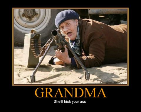 1973 Ford Ranchero - A humorous meme an elderly woman in a beret and jacket, aiming a machine gun.