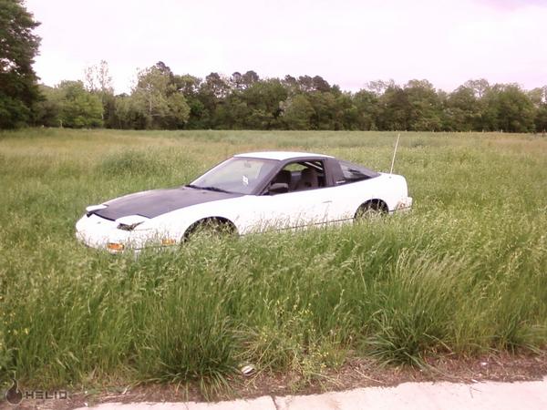 White Nissan 240SX with black hood parked in tall grass, driver's side visible