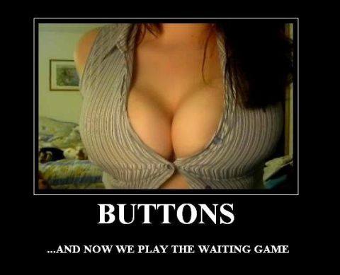 1996 Ford Bronco - This image features a woman's chest with a striped shirt, accompanied by text that reads 'BUTTONS' and '...AND NOW WE PLAY THE WAITING GAME…