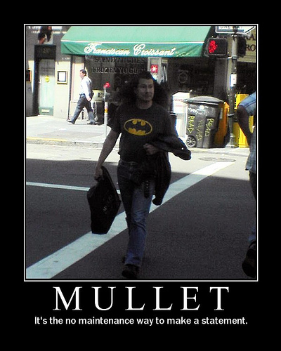 1973 Ford Ranchero - Man with mullet and Batman shirt walks across street. Text overlay says MULLET.