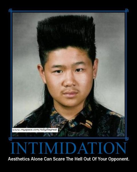 1973 Ford Ranchero - A motivational poster a man with a distinctive hairstyle and the word 'INTIMIDATION'.