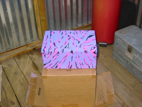 1996 Ford Bronco - A colorful lunchbox rests on a cardboard box, with a red trash can and metal toolbox in the background.