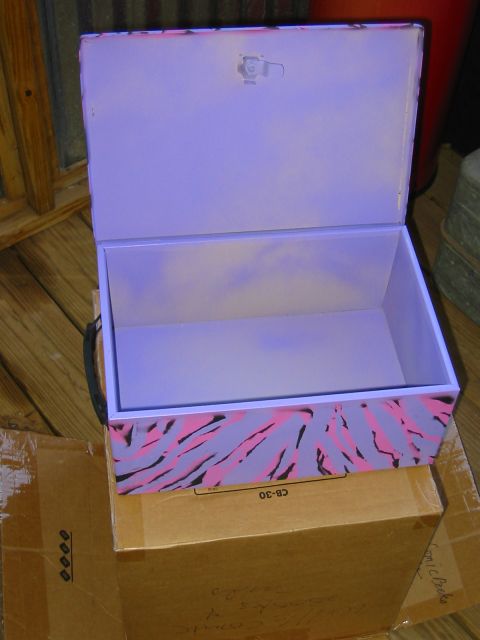 1996 Ford Bronco - A purple metal box with a pink and black tiger stripe pattern is open, resting on cardboard boxes.