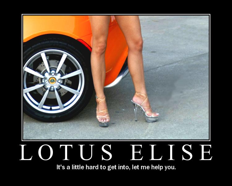 Orange Lotus Elise with a woman in heels standing next to it