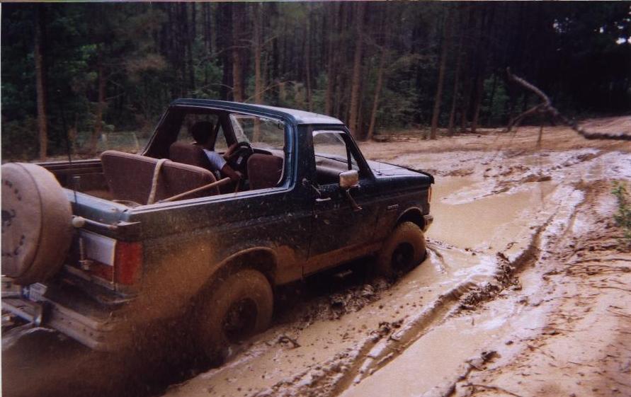 Green doorless Ford Bronco driving through a rutted mud trail in a pine forest