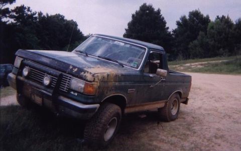 1989 Ford Bronco - This 1987 Ford F-150 pickup truck, seen from a 3/4 front angle, features a brush guard and 4x4 badging.