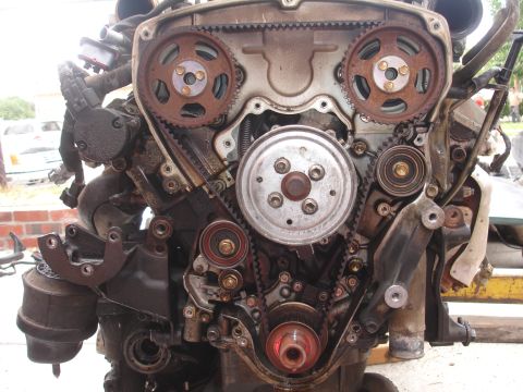 1993 Ford Taurus - Close-up view of an engine's timing belt and associated components.