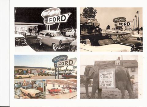 1968 Shelby GT500 - An elephant advertises a 1955 Ford trade-in at McCafferty Ford dealership, which also displays various cars.